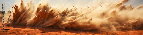 Dramatic Explosion of Red Dust and Debris in Arid Landscape Under Blue Sky photo