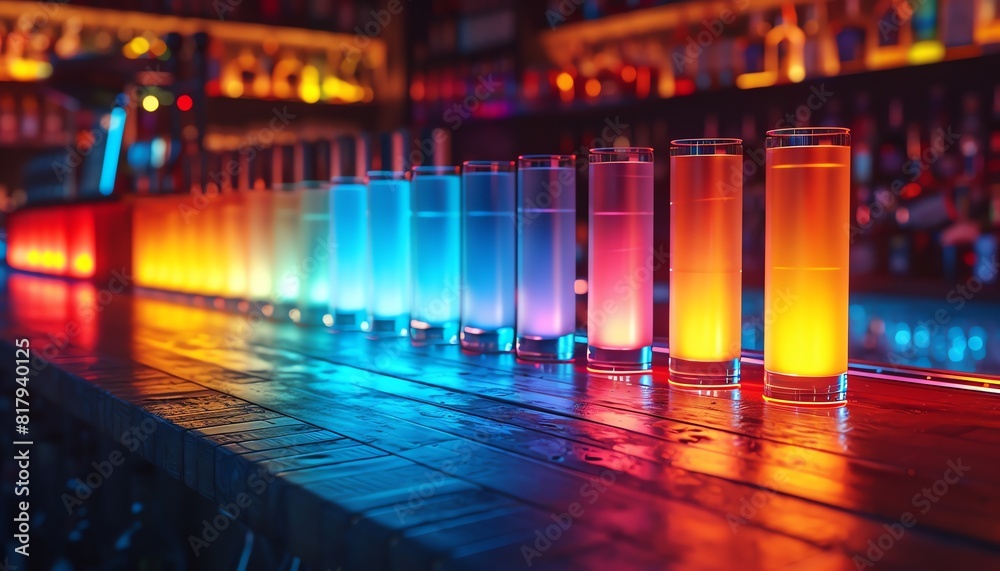 Colorful neon shots in a row, each glowing differently, closeup, dark bar counter Colorful neon shots in a row, each glowing differently, closeup, dark bar counter