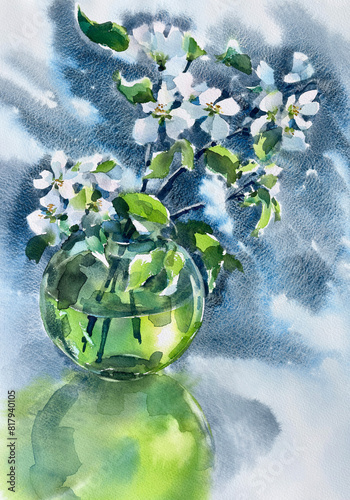 White flowers in green glass vase watercolor background