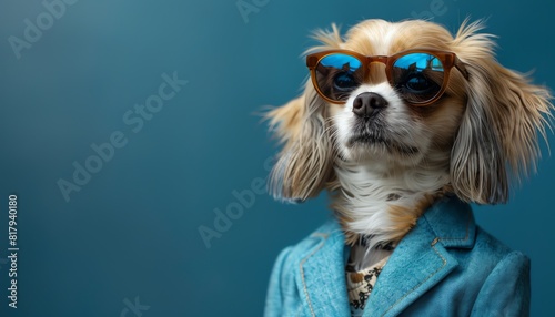 Dog in a blue suit and sunglasses, stylish and amusing, blue background © Creative_Bringer