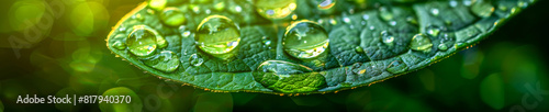 Macro Shot of Dew Drops on Leaf   Nature's Morning Beauty Captured in High Detail photo