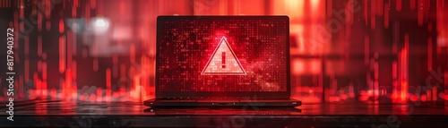 Laptop screen with red alert symbol, code in background, cyber threat photo