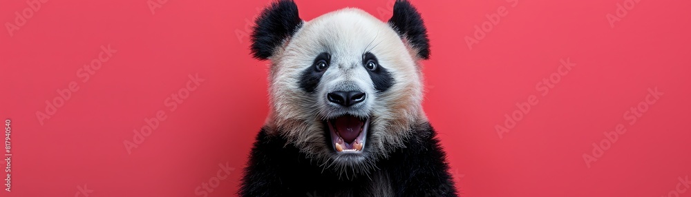 Obraz premium Surprised panda with mouth open, pink background