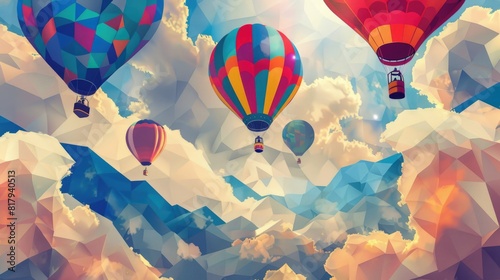 Fantasy Colorful Cubism Hot Air Balloons & Clouds Pattern
 photo