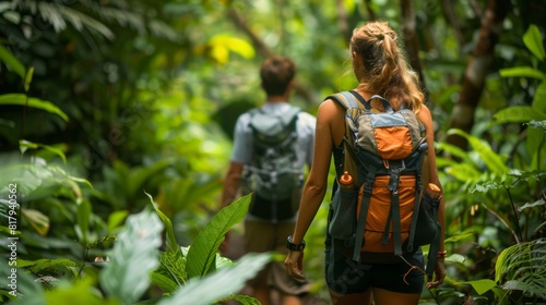Fototapeta Naklejka Na Ścianę i Meble -  A couple traversing a dense jungle with backpacks, surrounded by towering trees and vibrant foliage