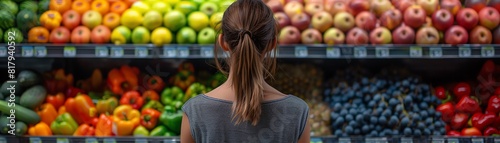 Woman in supermarket  colorful produce display  rear view