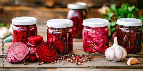 Homemade Pickled Beets in Glass Jars with Fresh Garlic and Peppercorns on Rustic Wooden Table