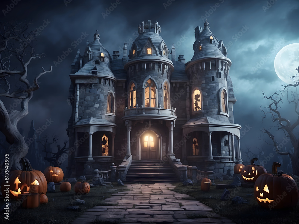 A computer 3D illustration of a spooky Halloween haunted mansion castle scene. A computer 3D illustration of a spooky Halloween haunted mansion castle scene.