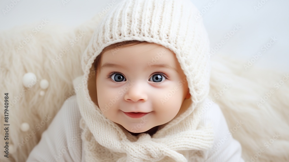 portrait of a cute smiling baby. Cute baby in bed on his stomach with his head up looking with his big eyes. Warm and soft beige clothing. Close up. portrait of a cute smiling baby. Cute baby in bed on his stomach with his head up looking with his big eyes. Warm and soft beige clothing. Close up.