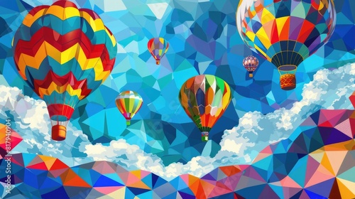 Fantasy Colorful Cubism Hot Air Balloons & Clouds Pattern
 photo