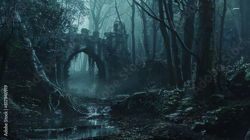 Fantasy landscape with old bridge in dark forest. 3d rendering