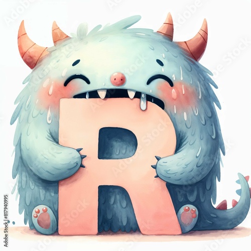 Adorable Watercolor Monster Playfully Biting the Letter R in Soft Pastels - AI Generated Digital Art