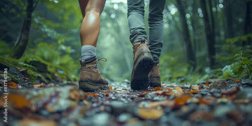 Close Up Shot of Hikers' Boots Walking on Rocky Forest Trail in Autumn Close Up Shot of Hikers' Boots Walking on Rocky Forest Trail in Autumn