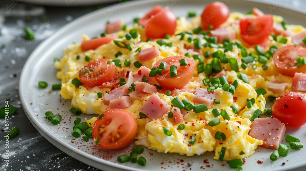 Scrambled eggs with ham in a plate healthy concept Scrambled eggs with ham in a plate healthy concept
