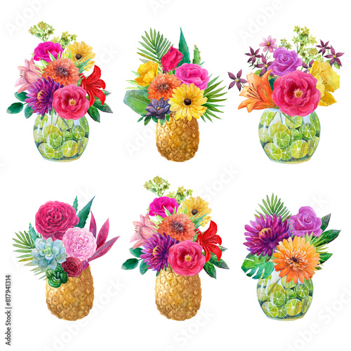 Watercolor set with colorful mexican bouquets in glass vase with limes and in pineapple. photo