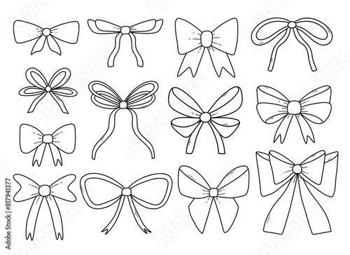 Set of various doodle bows, gift ribbons. Fashionable accessory for hair braiding. Hand drawn vector illustration.