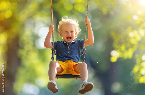 A young boy is happily swinging on the swing at the park, wearing a blue shirt and yellow shorts, white shoes © Kien