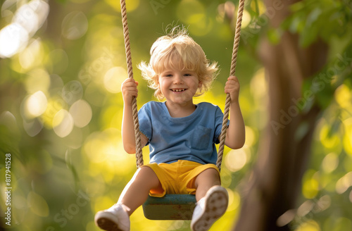 A young boy is happily swinging on the swing at the park, wearing a blue shirt and yellow shorts, white shoes © Kien