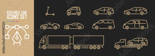 Different types of transport. Set of minimalistic icons with scooter, sedan, convertible and truck. Design elements for websites. Cartoon flat vector collection isolated on white background