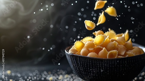 A black setting  depicts white flour and an array of conchiglie pasta being thrown into the elements of unseasoned bowl pasta and space  Generative AI.