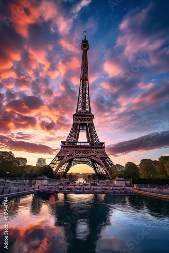 The Eiffel Tower in Paris, France at sunset with dramatic sky. © Hawk