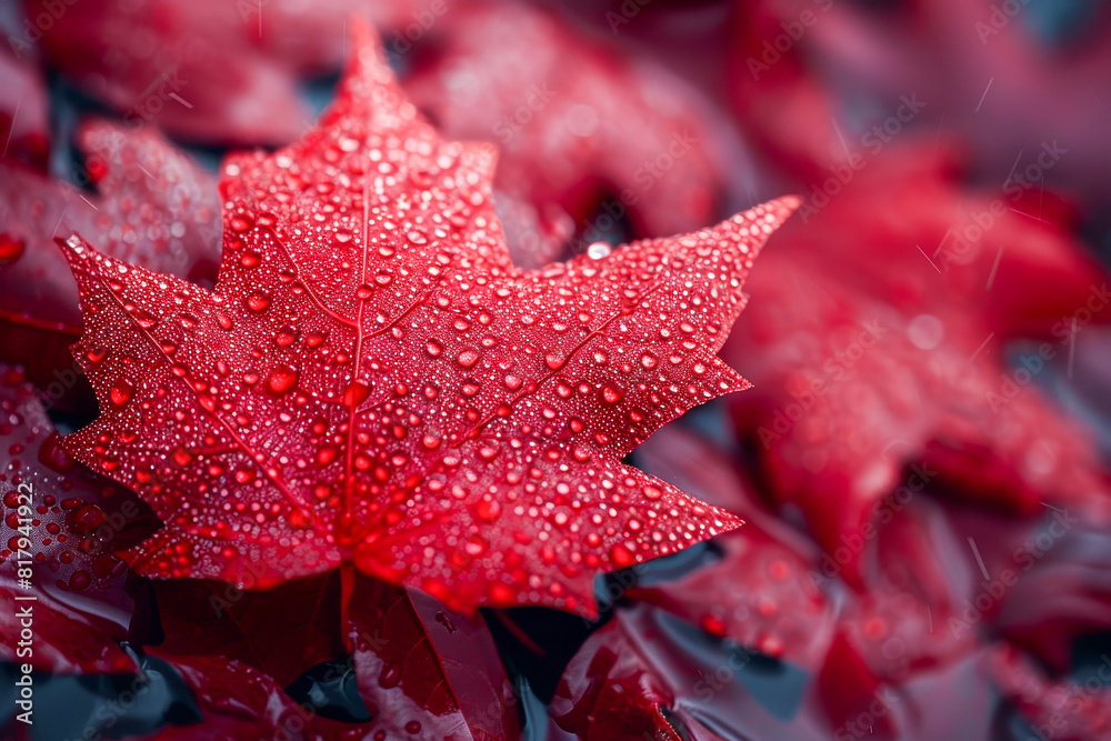 Vibrant Red Maple Leaf with Water Droplets in Autumn, Close Up Macro of Fall Foliage Vibrant Red Maple Leaf with Water Droplets in Autumn, Close Up Macro of Fall Foliage