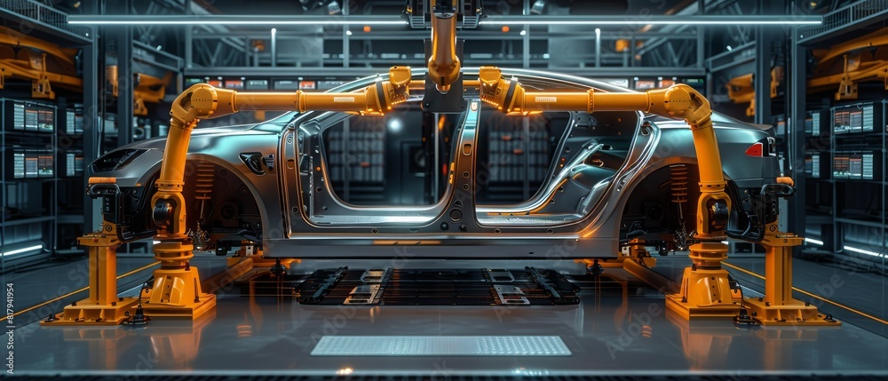 A car is being built in a factory with robots A car is being built in a factory with robots