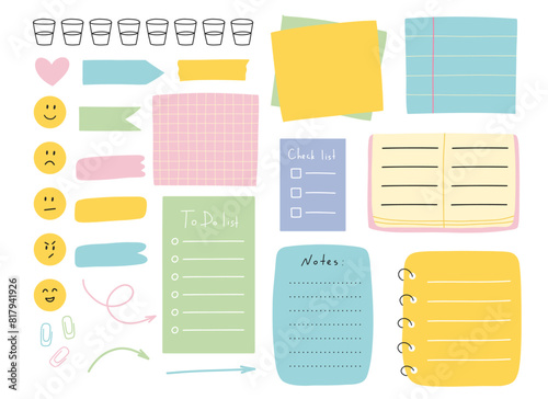 Task planners in hand drawn style. Cute paper notes, to-do lists, notepads, paper sheets, bookmarks. Vector illustration. A set of sheets for notes.