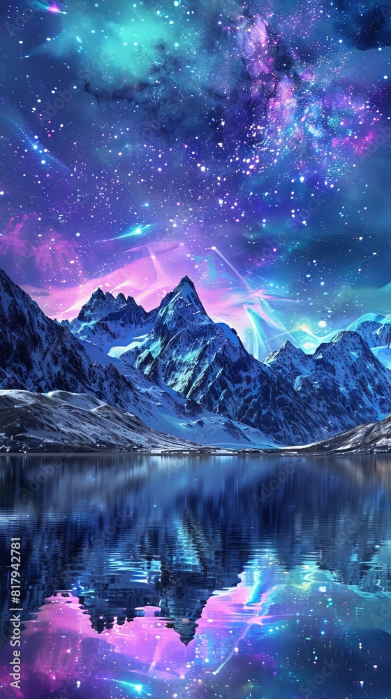 A breathtaking fantasy landscape depicting towering mountains under a vibrant, star-filled cosmic sky reflecting on a serene icy lake