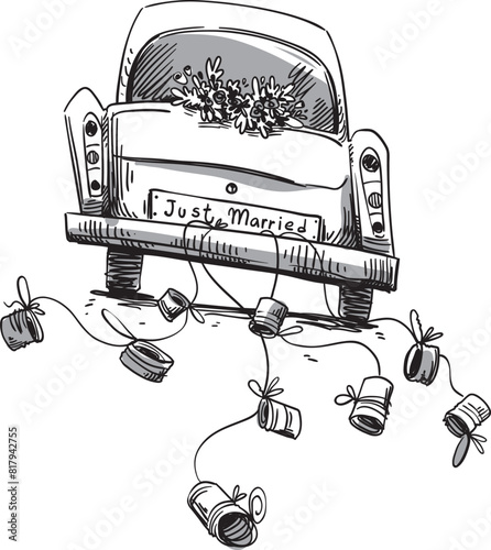 Wedding vintage car with Just Married sign and cans decorartion vector illustration