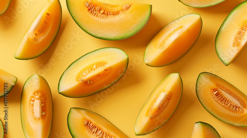 Top down view slices of melon on the yellow table summer concept