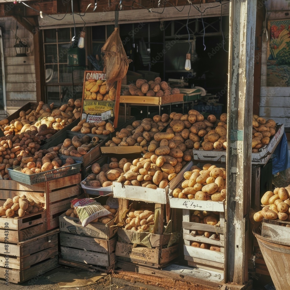 Farmers Market Stall Overflowing with Potatoes