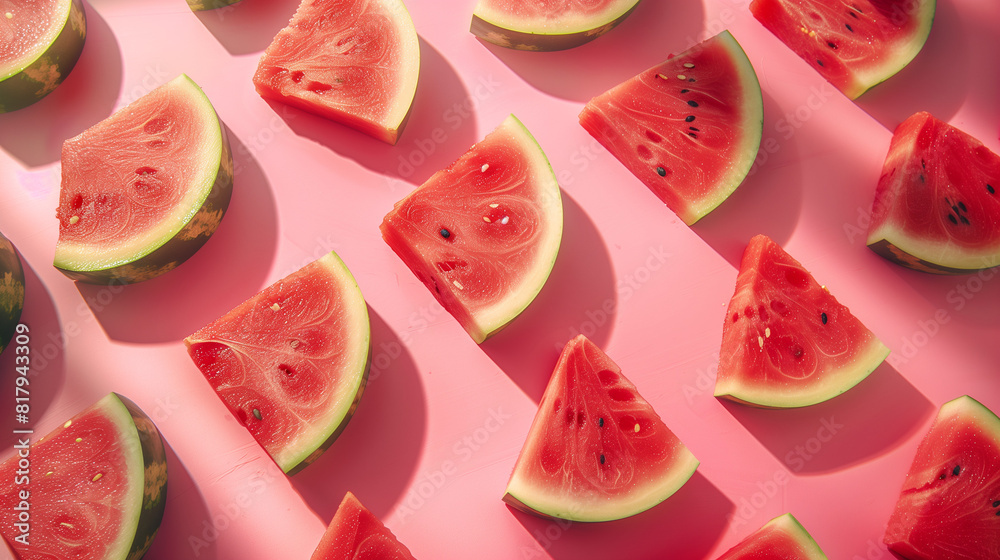 Top down view slices of watermelon on the pink table summer concept Top down view slices of watermelon on the pink table summer concept