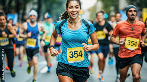 An attractive woman was running in the street with other runners during an open road race, wearing black shorts and a blue t-shirt