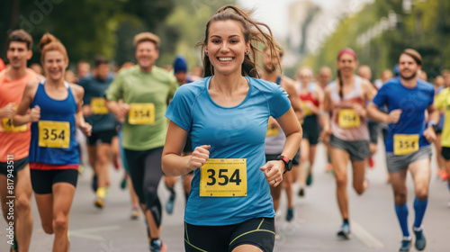 An attractive woman was running in the street with other runners during an open road race  wearing black shorts and a blue t-shirt
