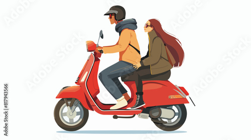 Romantic couple dressed in trendy clothes riding scoo