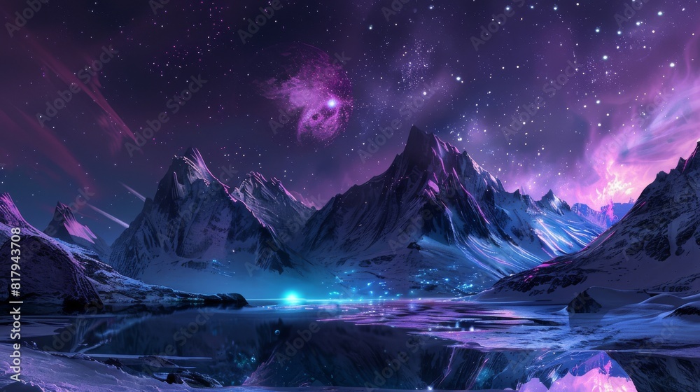 A breathtaking fantasy landscape depicting towering mountains under a vibrant, star-filled cosmic sky reflecting on a serene icy lake A breathtaking fantasy landscape depicting towering mountains under a vibrant, star-filled cosmic sky reflecting on a serene icy lake