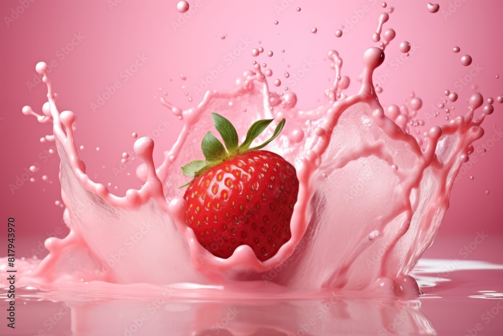 Strawberries with milk waves, Strawberry drink and strawberry yogurt advertising design. Strawberry milk shake, 3d render. High quality photo Strawberries with milk waves, Strawberry drink and strawberry yogurt advertising design. Strawberry milk shake, 3d render. High quality photo