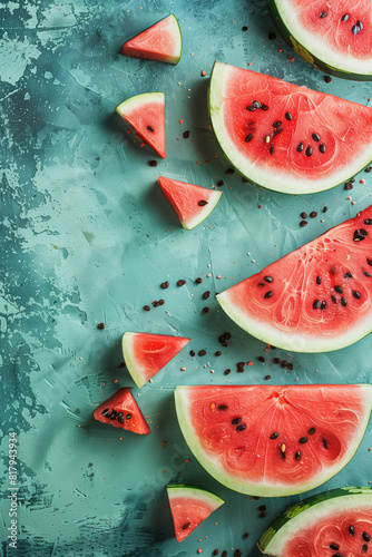 Top down view slices of watermelon on the blue table summer concept
