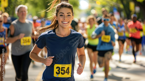 An attractive woman was running in the street with other runners during an open road race, wearing black shorts and a blue t-shirt