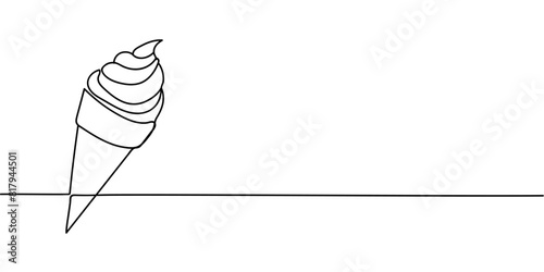 Ice cream in waffle cone in one continuous line drawing. Symbol dessert gelato for menu and business card design in simple linear style. Vector illustration in doodle style.