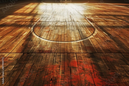 Blue and white lines on a basketball court floor. Athletic facility concept