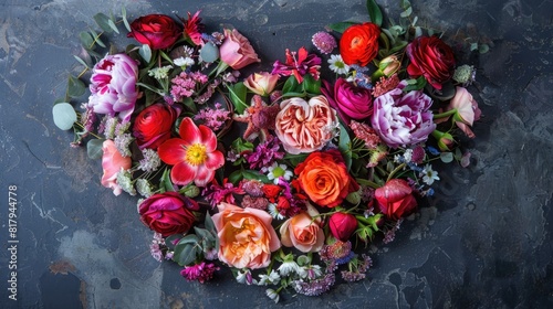 Heart-shaped arrangement of fresh floral blooms symbolizing love and beauty
 photo