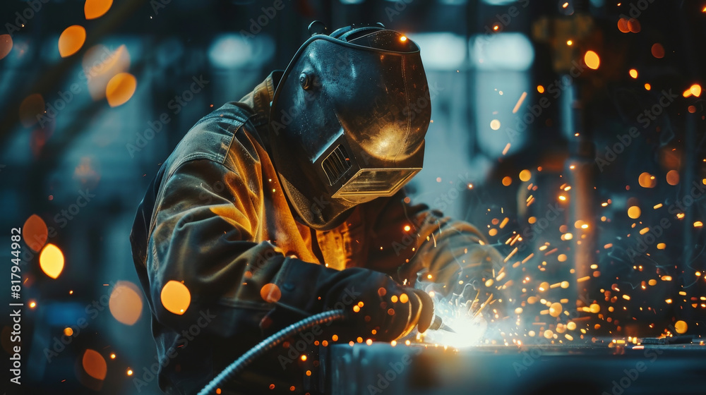 Skilled worker welding metal components in protective gear with sparks flying in workshop. Skilled worker welding metal components in protective gear with sparks flying in workshop.