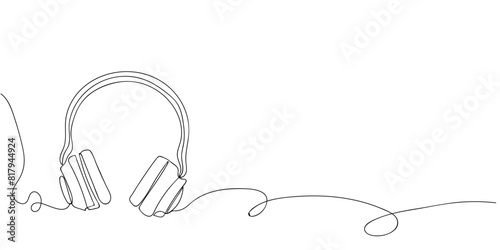 Continuous one line drawing of headphones speaker for podcast web banner. Music gadget and earphones devices in simple linear style. Vector illustration in doodle style.