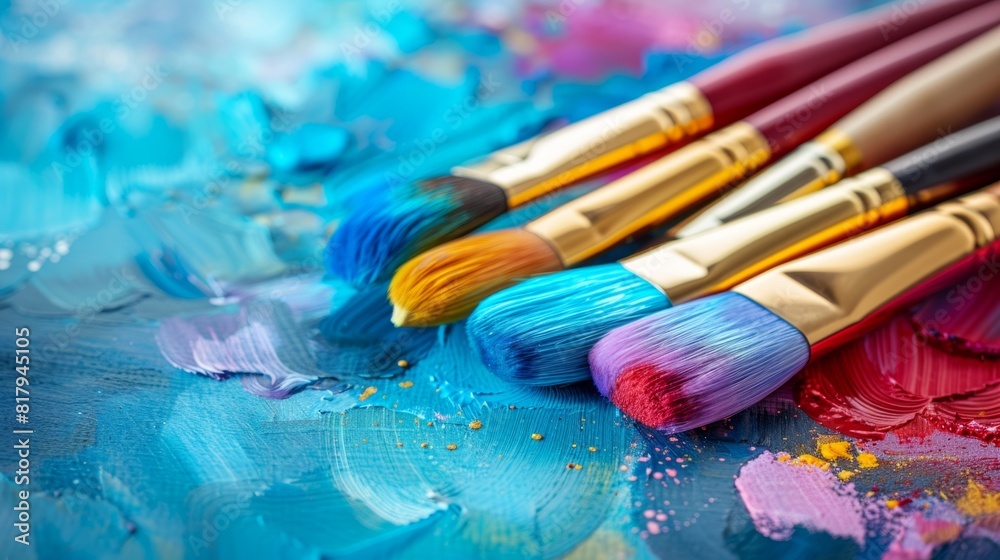Fototapeta premium vibrantly colored watercolor brushes on a table, conveying a summery vibe for illustration with room for text