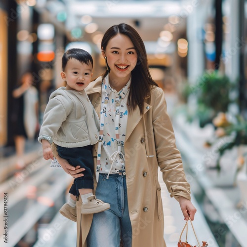 happy asian mother and son walking in shopping mall. family concept