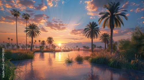 Desert Oasis Paradise Serene D Rendered Sunset Reflection in a Secluded Tranquil Pond