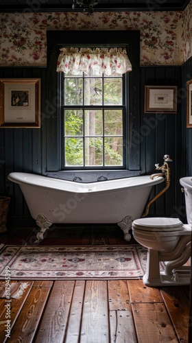 a classic bathroom adorned with black walls  white cabinets  and vintage floral wallpaper above the toilet bowl  complemented by modern farmhouse-style decor and a large window facing the bathtub.