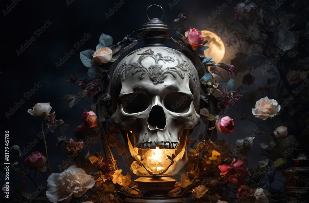 A gloomy night with a big moon, a skull and flowers. A gloomy night with a big moon, a skull and flowers.